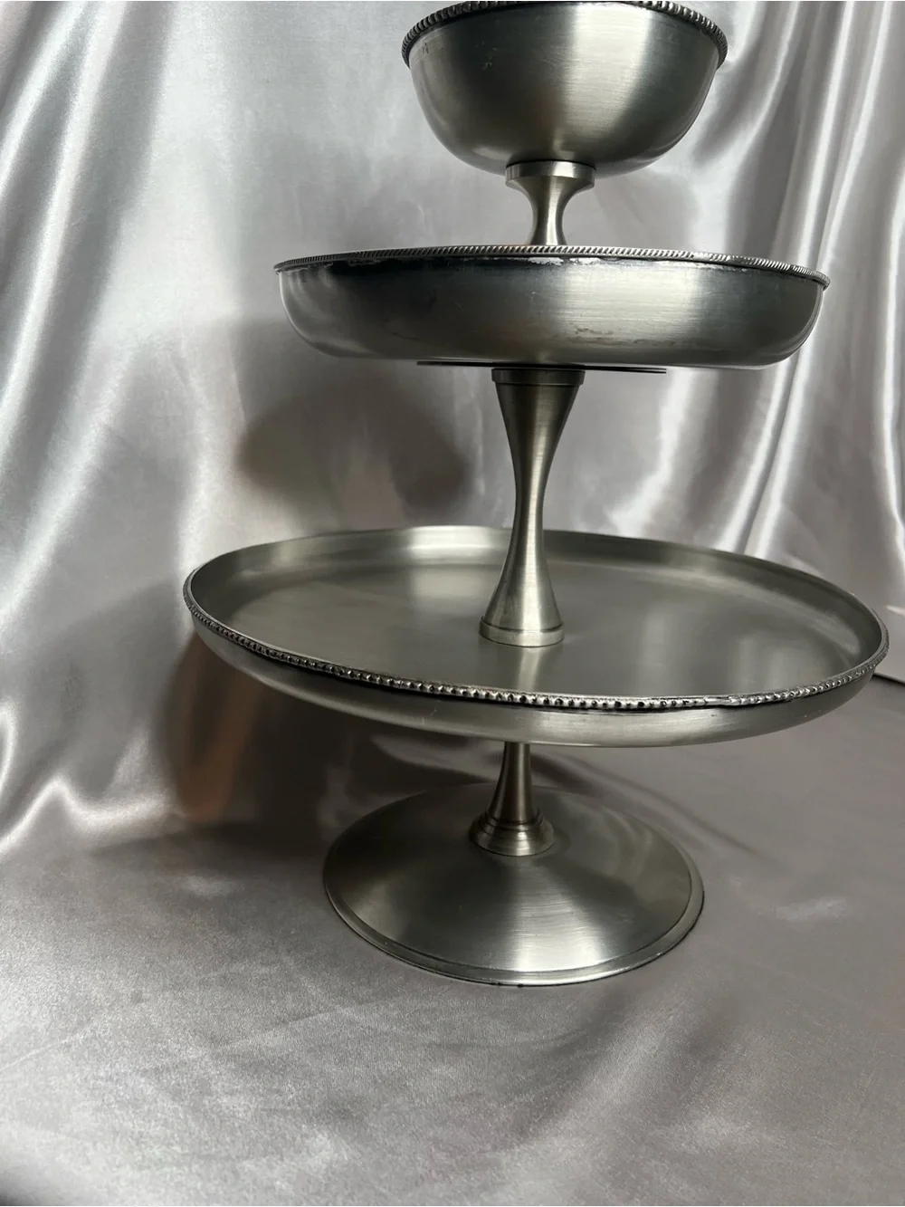 Pottery Barn Antique Silver 3-Tier Serving Stand Beaded Trim Dessert Buffet Tray